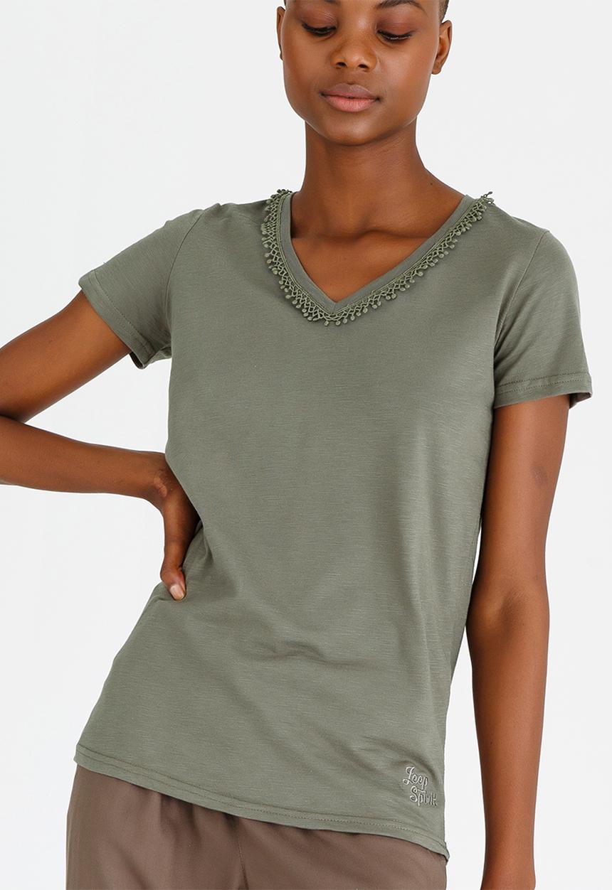 JEEP - Lace Trim V-neck Tee Khaki Green