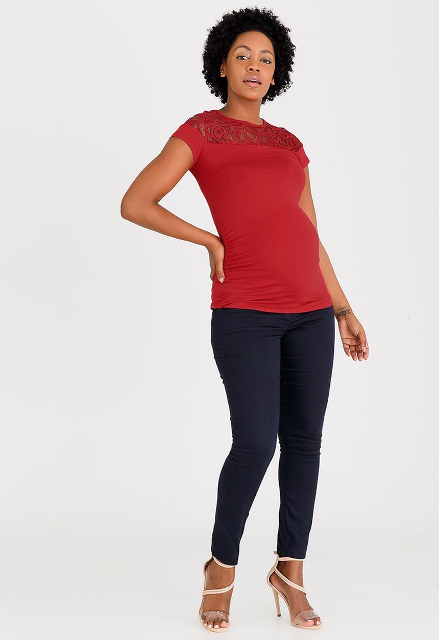edit Maternity - Lace Inset Stripe T-shirt Red