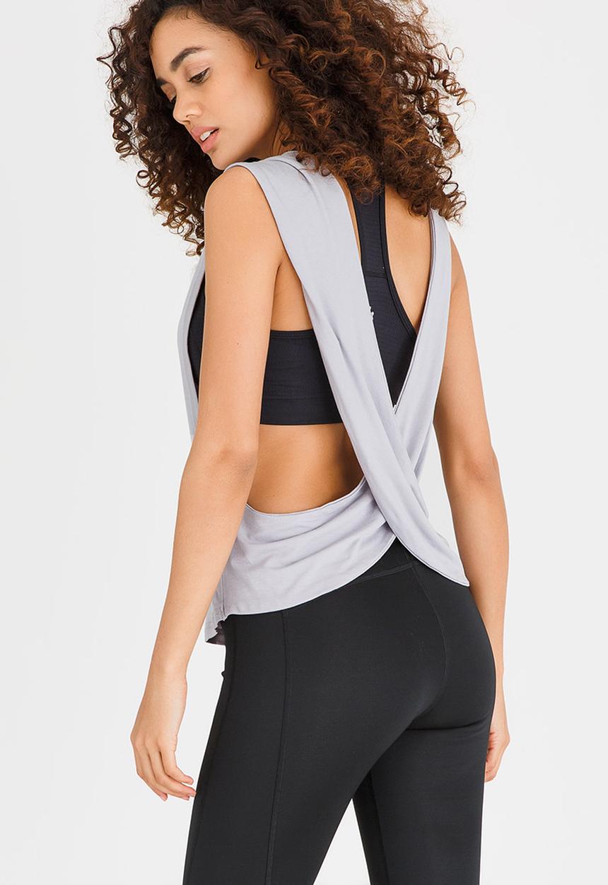 Lithe - Drape Top with Cross-over Back Grey Melange