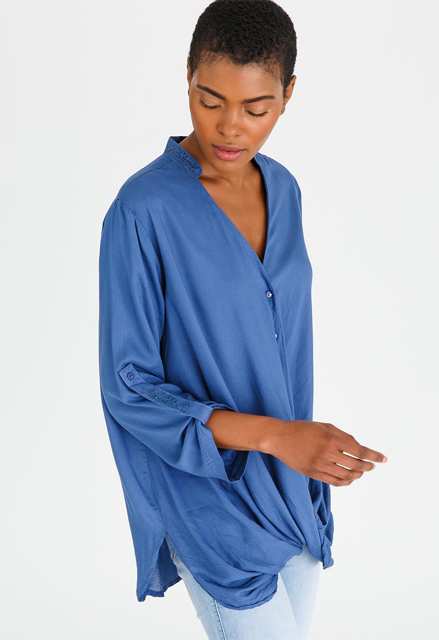 G Couture - Mockwrap Drapped Blouse with Button Down Blue