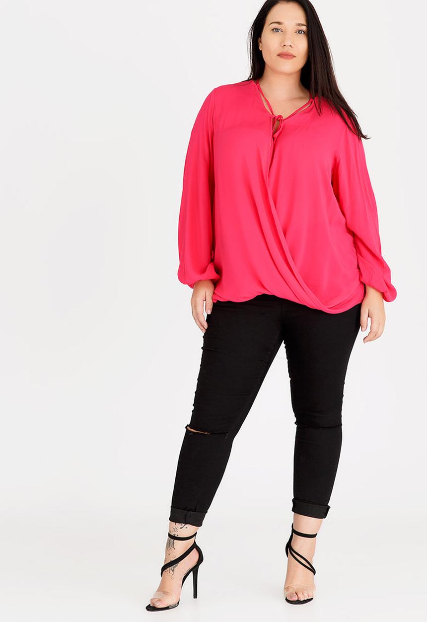 edit Plus - Wrap Over Blouse with Front Detail Cerise Pink