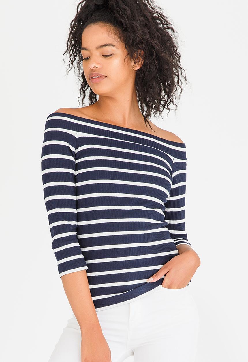 Pieces - Sisa Off-the-shoulder Top Navy & White