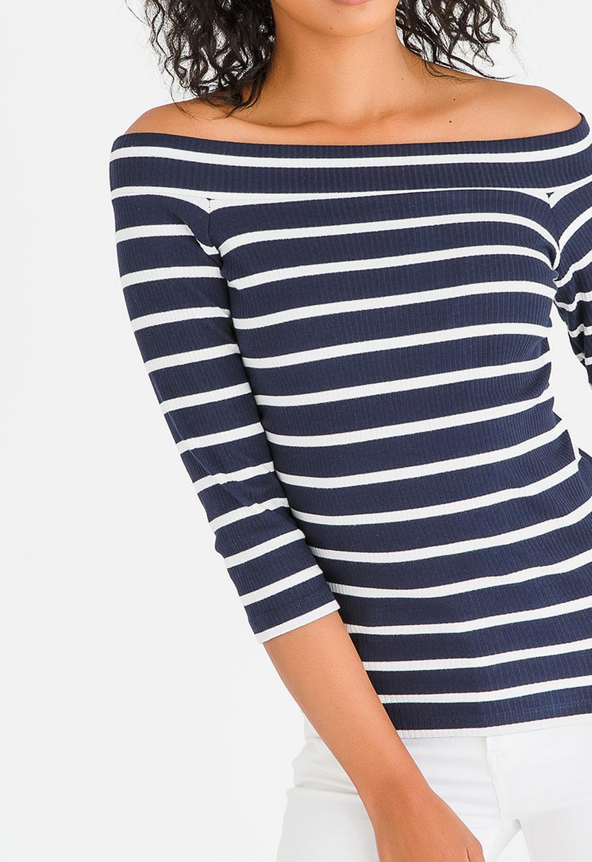 Pieces - Sisa Off-the-shoulder Top Navy & White