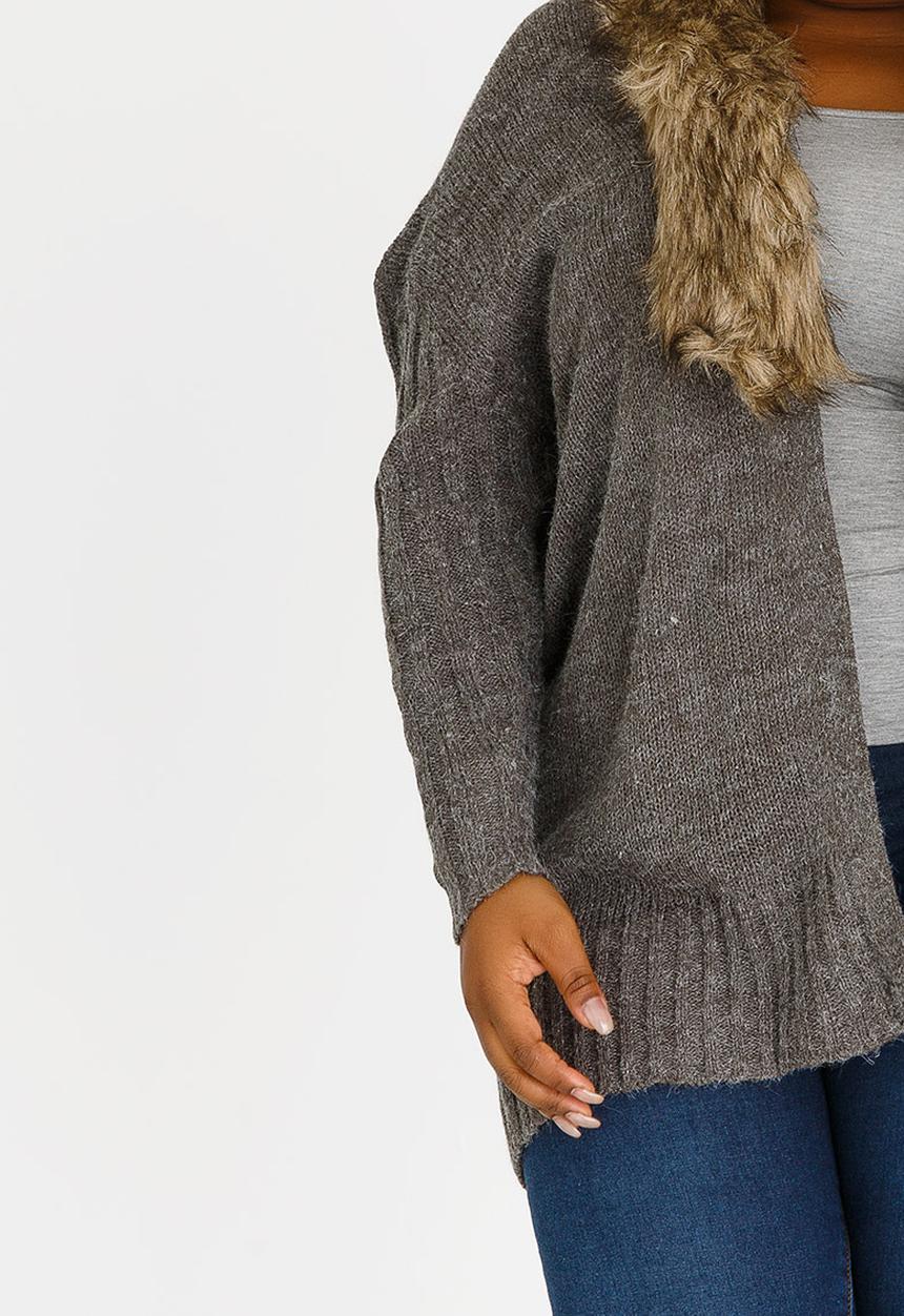 Brave Soul - For Me Faux Fur Collar Cardigan Charcoal