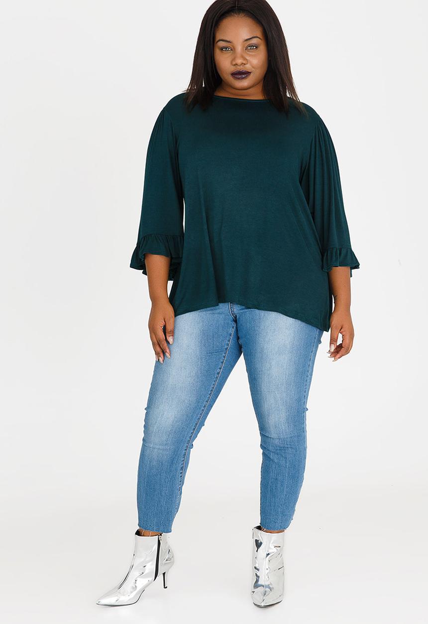 STYLE REPUBLIC PLUS - Frill Sleeve Swing Tee Dark Green
