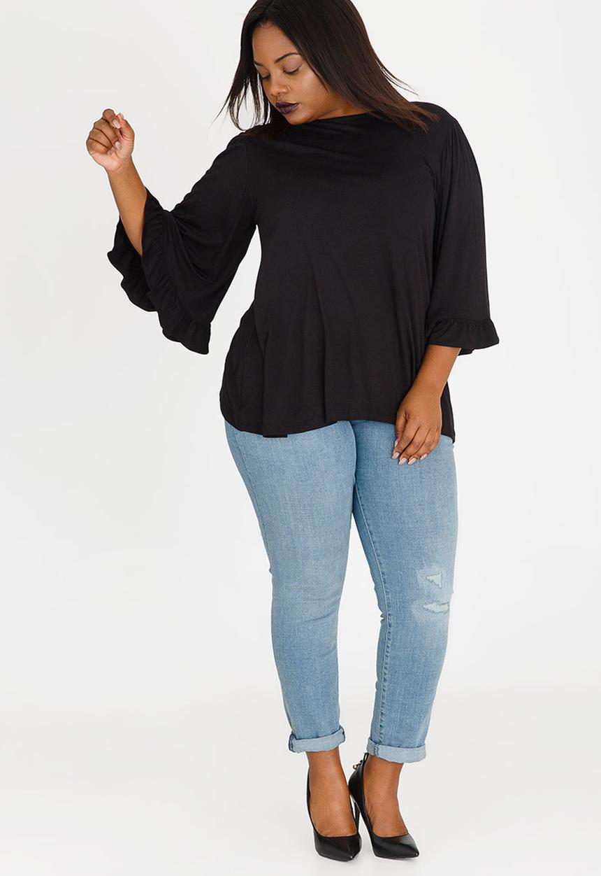 STYLE REPUBLIC PLUS - Frill Sleeve Swing Tee Black