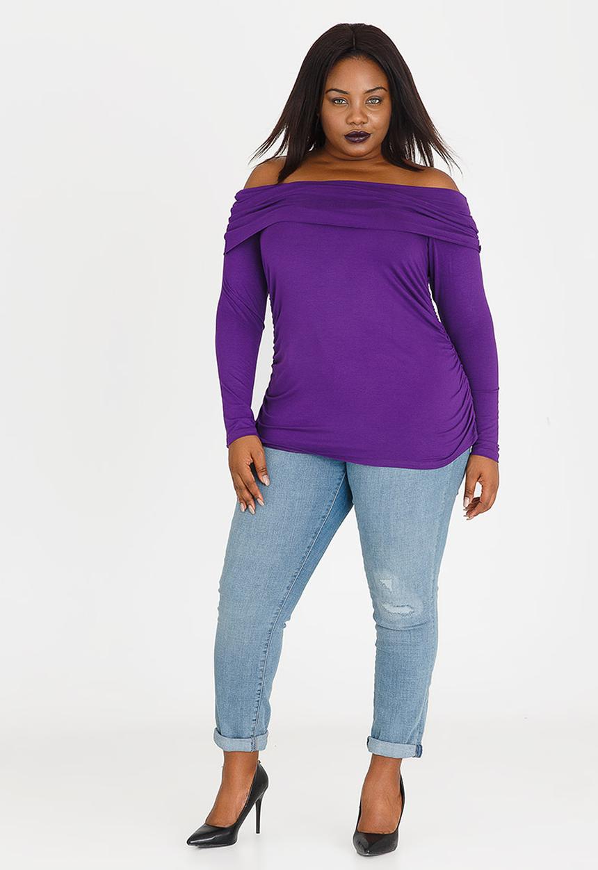 STYLE REPUBLIC PLUS - Bardot Tee with Side Ruched Detail Dark Purple