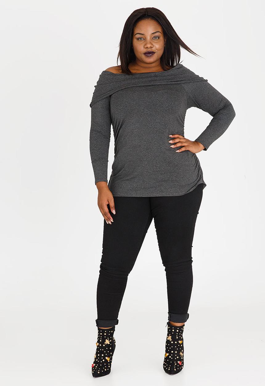 STYLE REPUBLIC PLUS - Bardot Tee with Side Ruched Detail Grey Melange