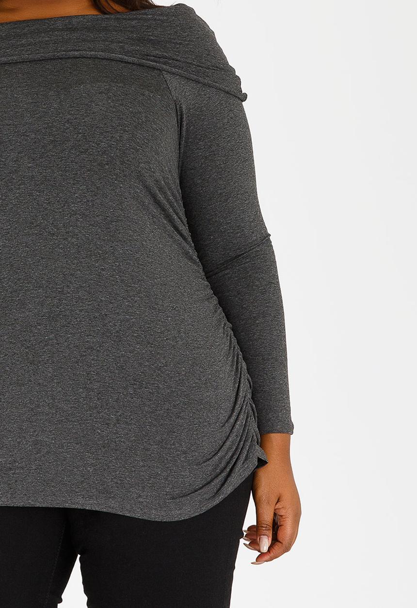 STYLE REPUBLIC PLUS - Bardot Tee with Side Ruched Detail Grey Melange