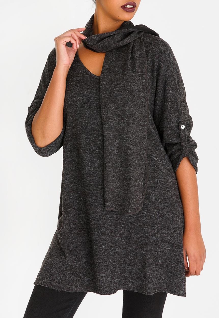 G Couture - Oversized Top with Neck-tie Grey