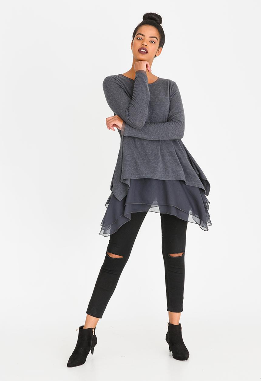 G Couture - Chiffon Hemmed Top Dark Grey