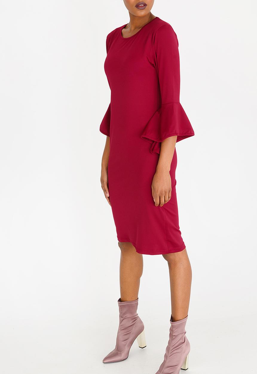 edit - Shift Dress with Frill Sleeves Dark Red
