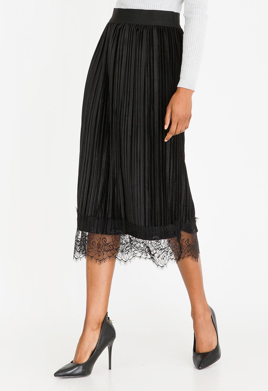 edit - Lace Trim Velour Skirt Black