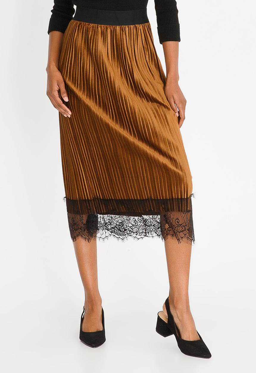edit - Lace Trim Velour Skirt Mid Brown