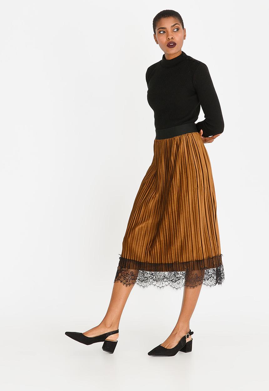 edit - Lace Trim Velour Skirt Mid Brown