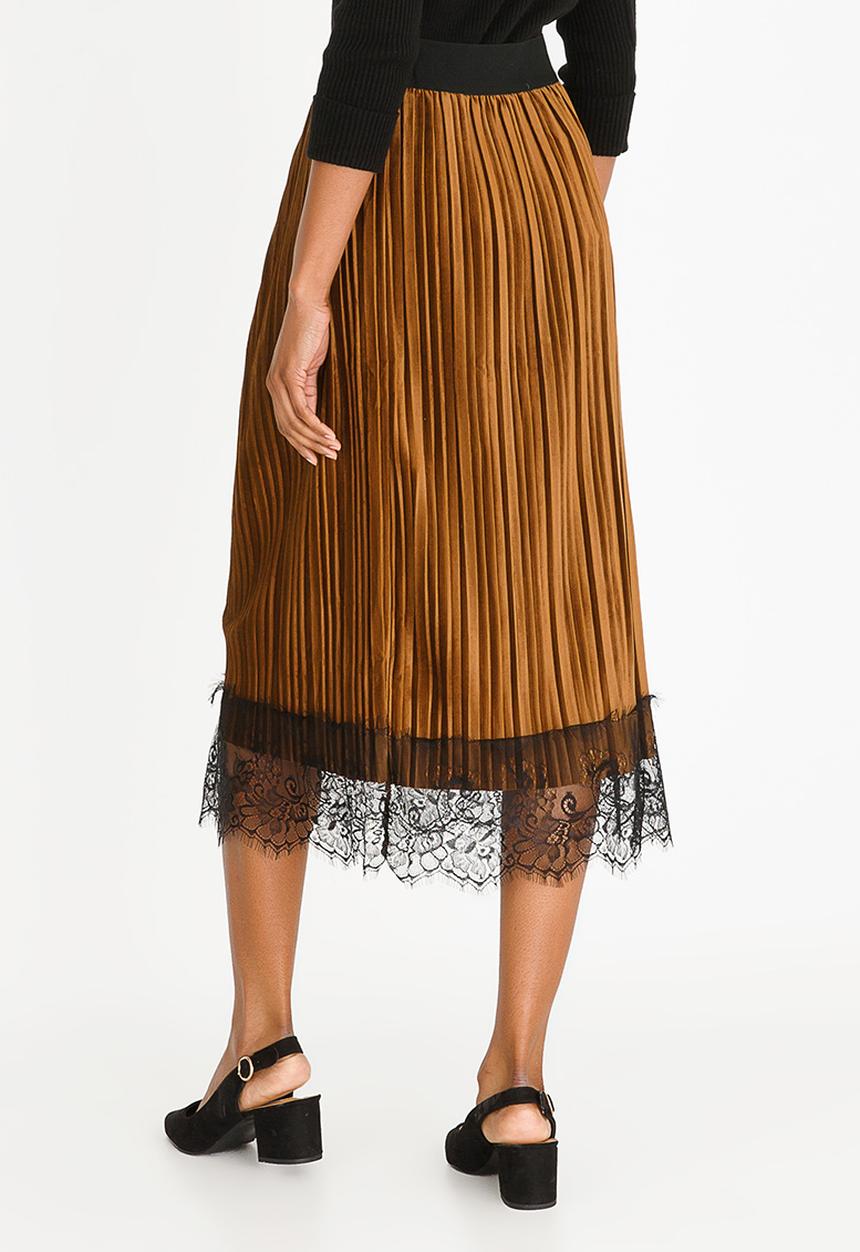 edit - Lace Trim Velour Skirt Mid Brown