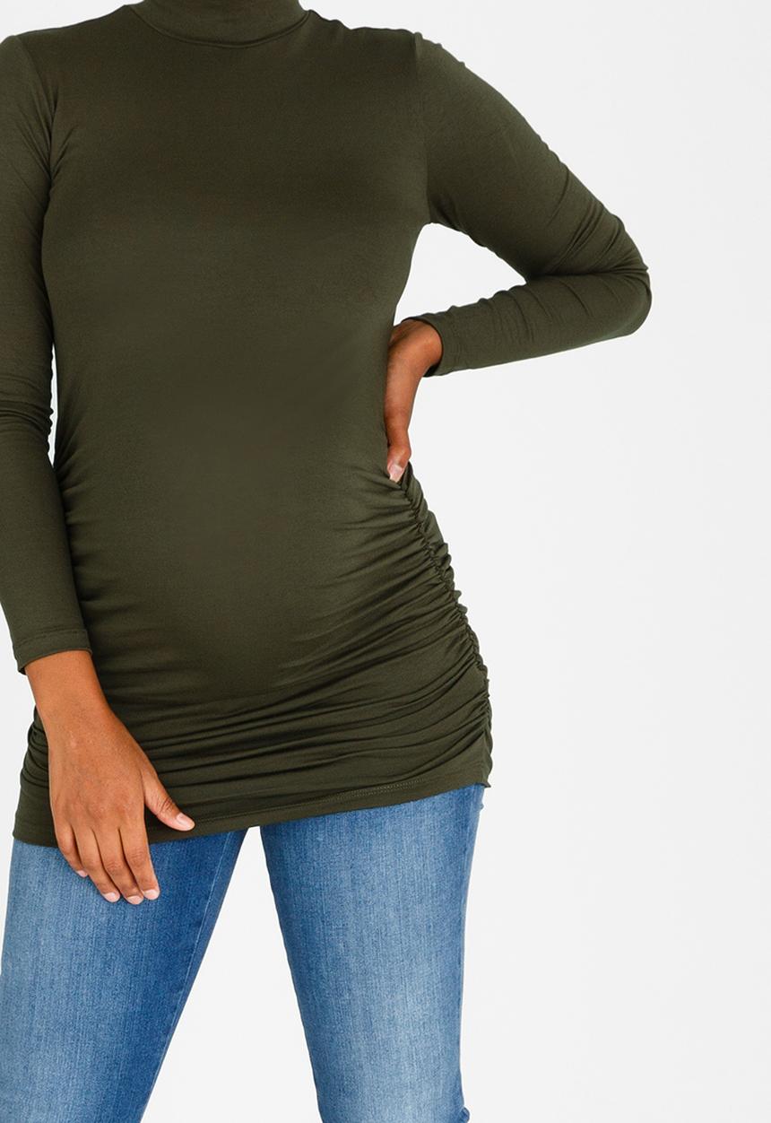 edit Maternity - Turtle Neck Top with Side Gauge Khaki Green