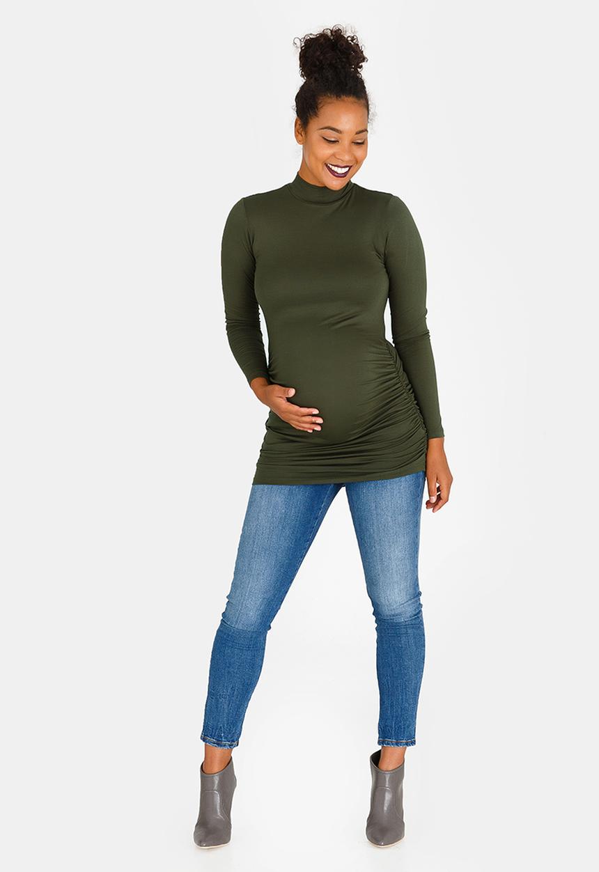 edit Maternity - Turtle Neck Top with Side Gauge Khaki Green