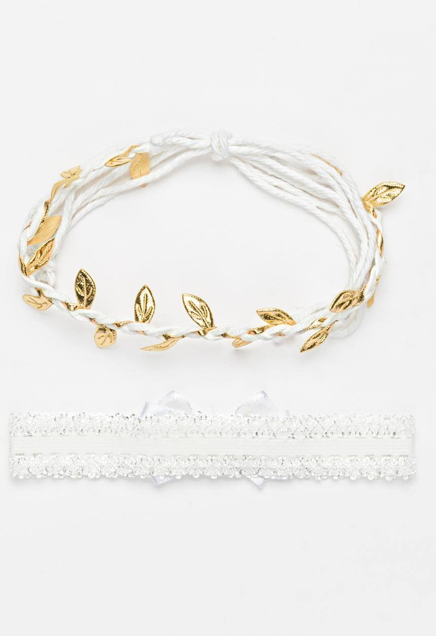 Jewels and Lace - Plaited Leaf and Bow Headband 2 Pack White