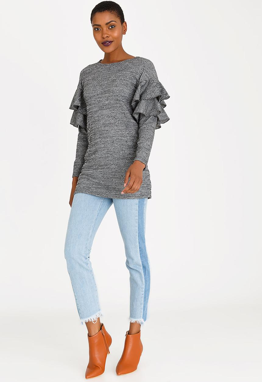Revenge - Ruffle Sleeve Top Dark Grey