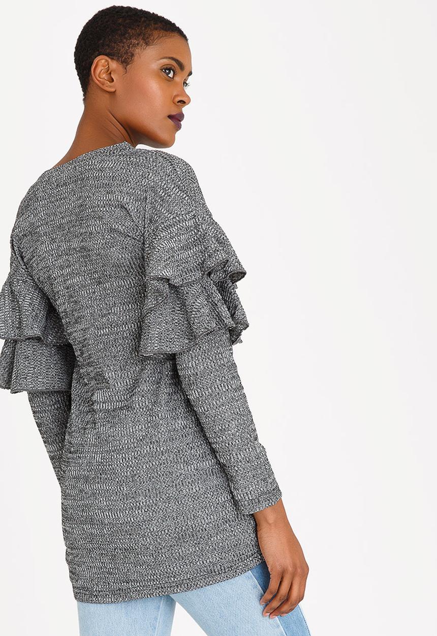 Revenge - Ruffle Sleeve Top Dark Grey