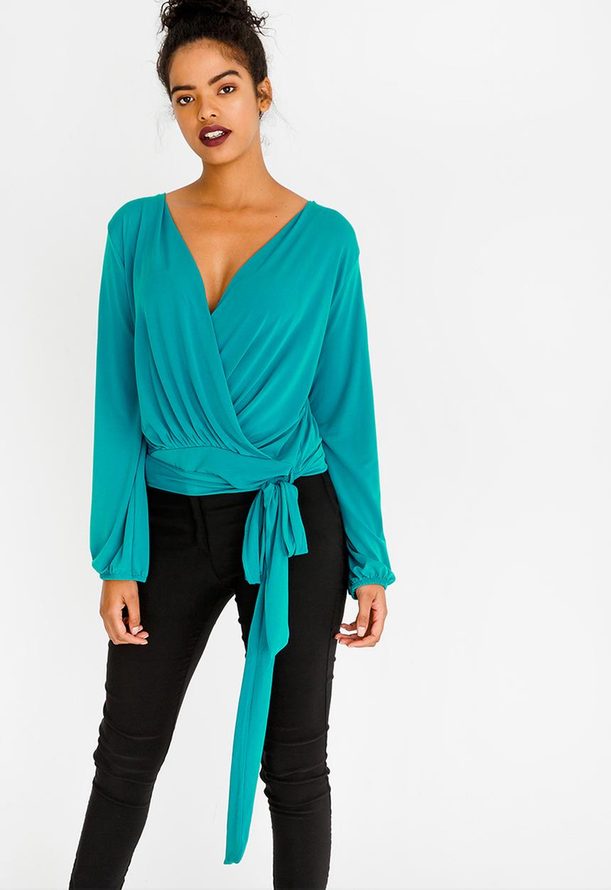 edit - Wrap Over Blouson Top Turquoise
