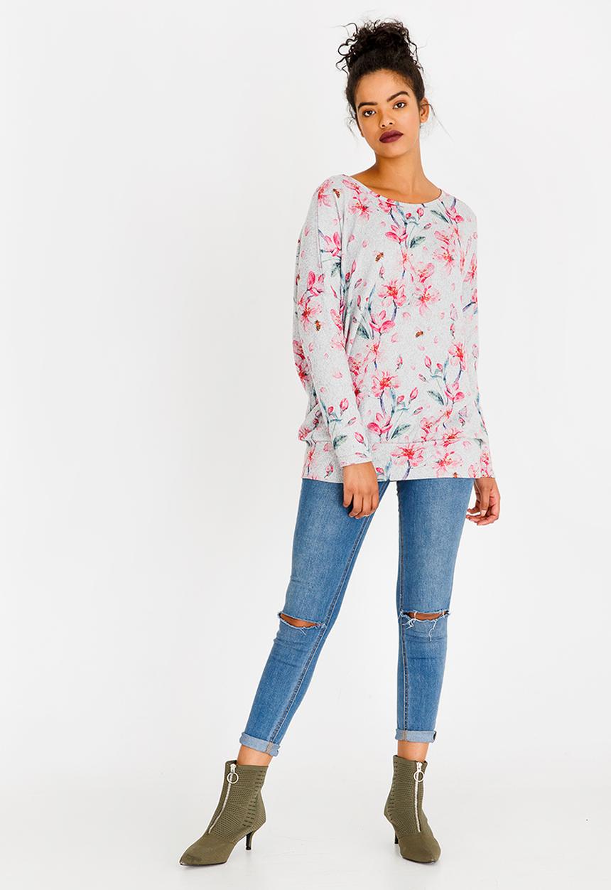 Revenge - 3/4 Sleeve Rose Print Top Grey