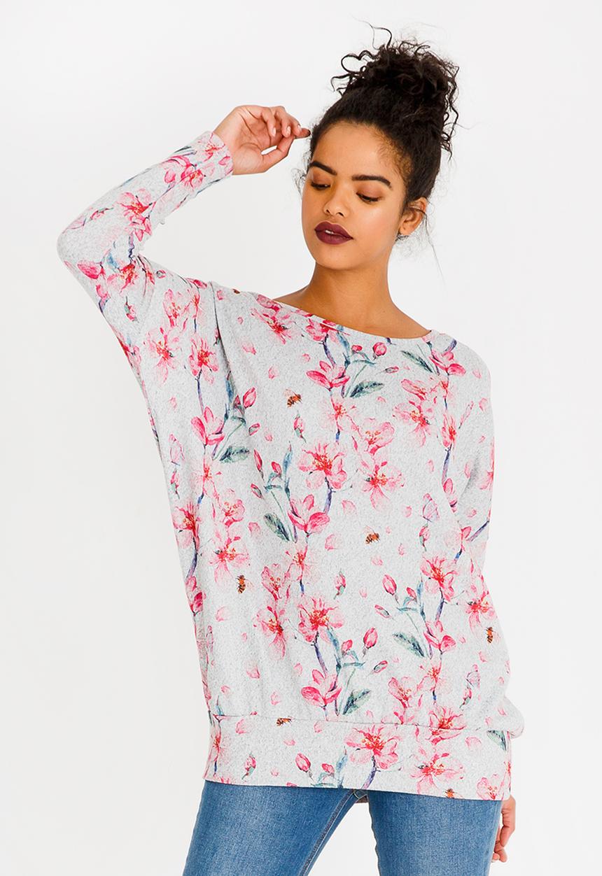 Revenge - 3/4 Sleeve Rose Print Top Grey