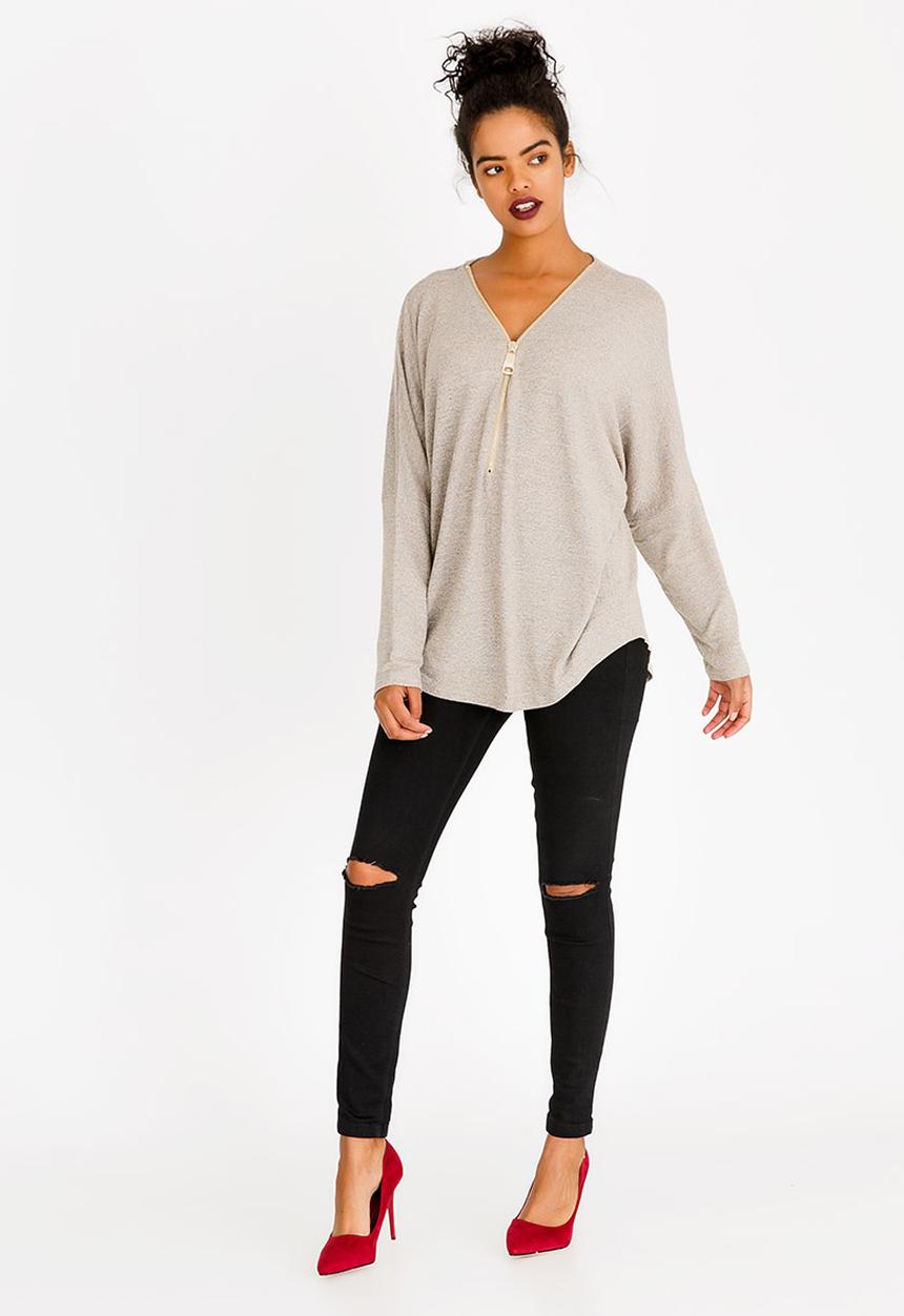 Revenge - Zip Front Long Sleeve Top Stone