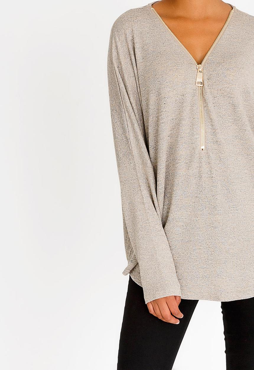 Revenge - Zip Front Long Sleeve Top Stone