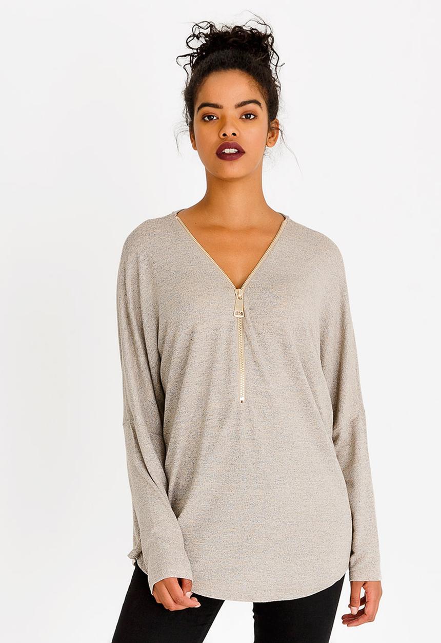 Revenge - Zip Front Long Sleeve Top Stone