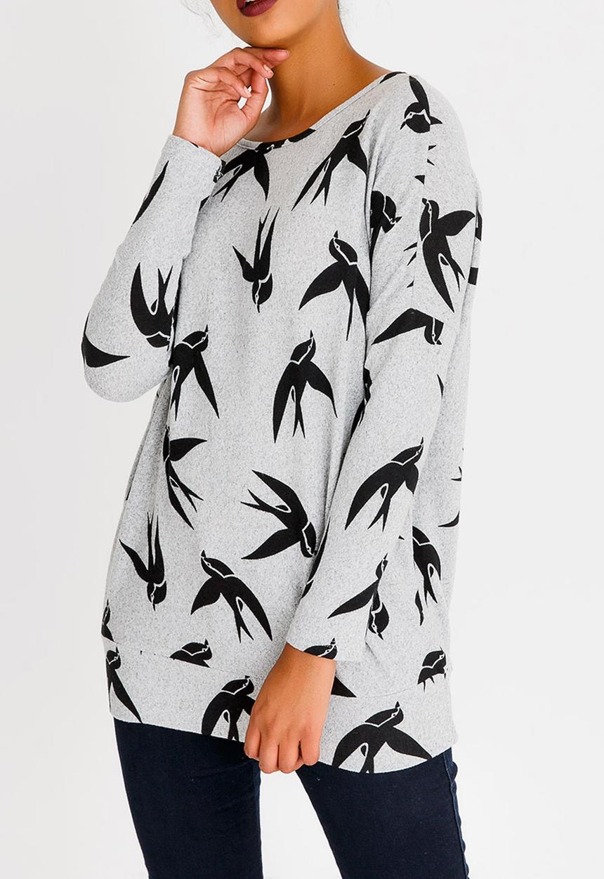 Revenge - Bird Print Top Grey