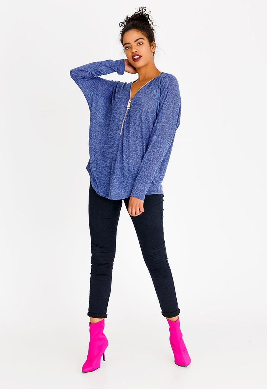 Revenge - Zip Front Long Sleeve Top Mid Blue