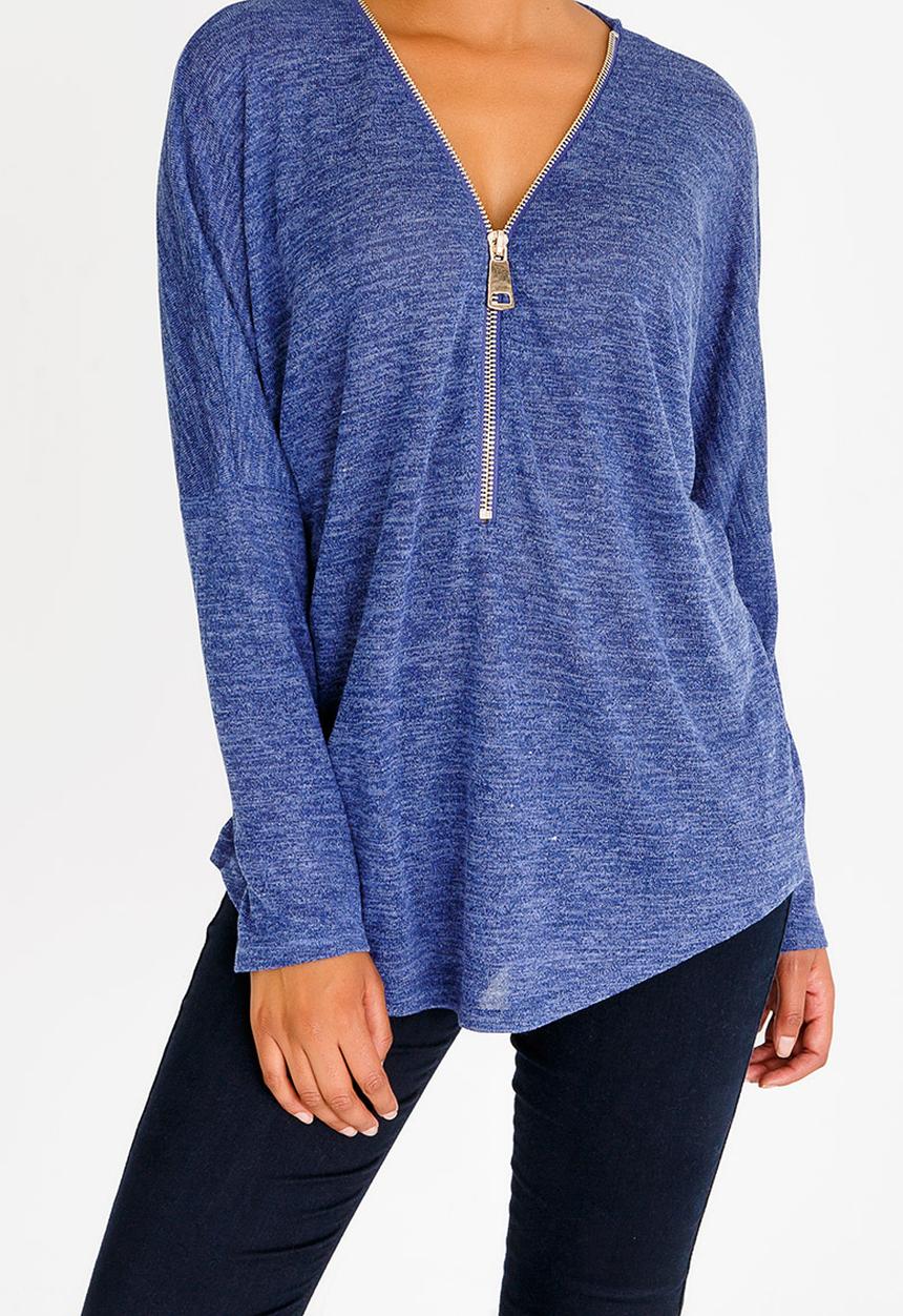 Revenge - Zip Front Long Sleeve Top Mid Blue