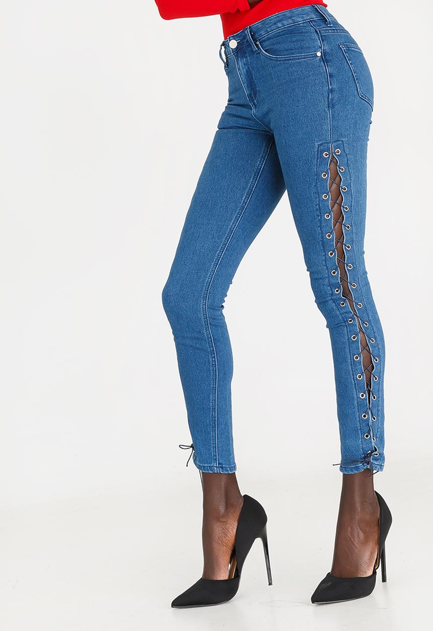 STYLE REPUBLIC - Side Lace-up Detail Skinny Jeans Mid Blue
