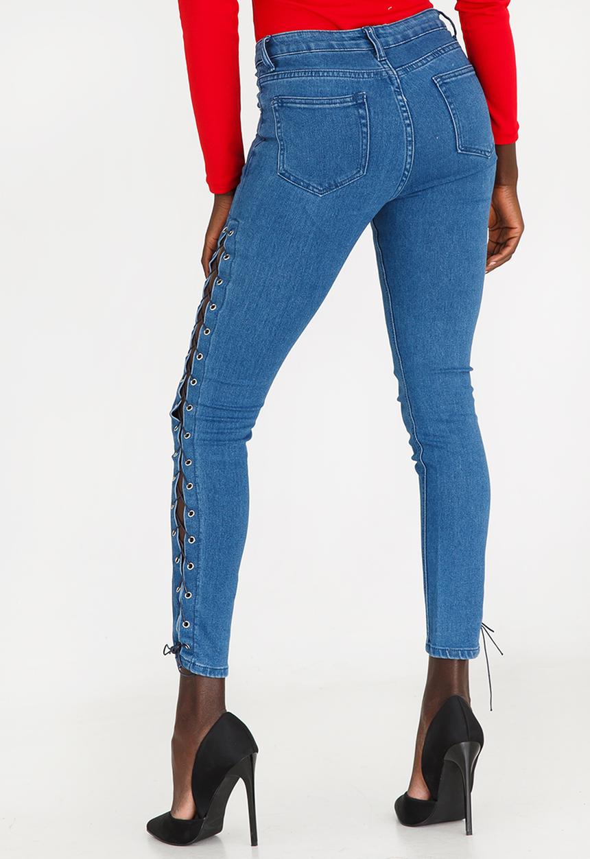 STYLE REPUBLIC - Side Lace-up Detail Skinny Jeans Mid Blue