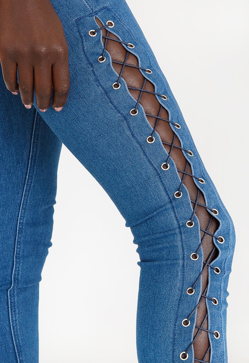 STYLE REPUBLIC - Side Lace-up Detail Skinny Jeans Mid Blue