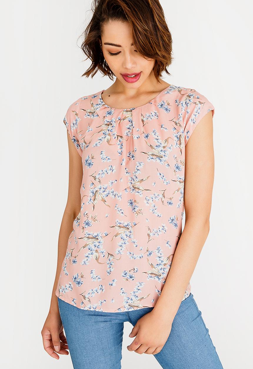 Revenge - Cap Sleeve Floral Top Mid Pink