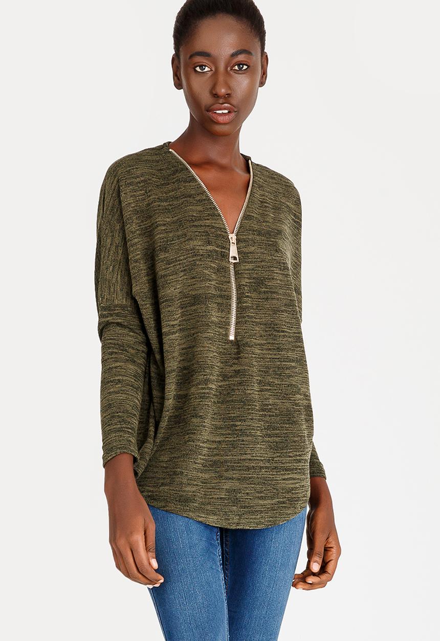 Revenge - Zip Detail Top Khaki Green