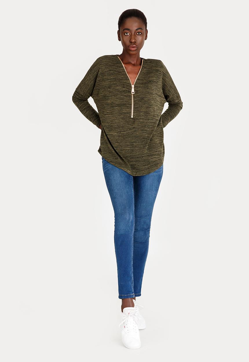 Revenge - Zip Detail Top Khaki Green