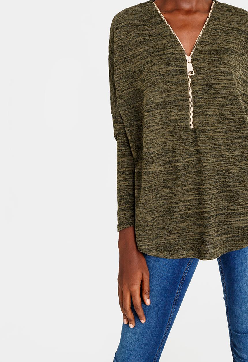 Revenge - Zip Detail Top Khaki Green