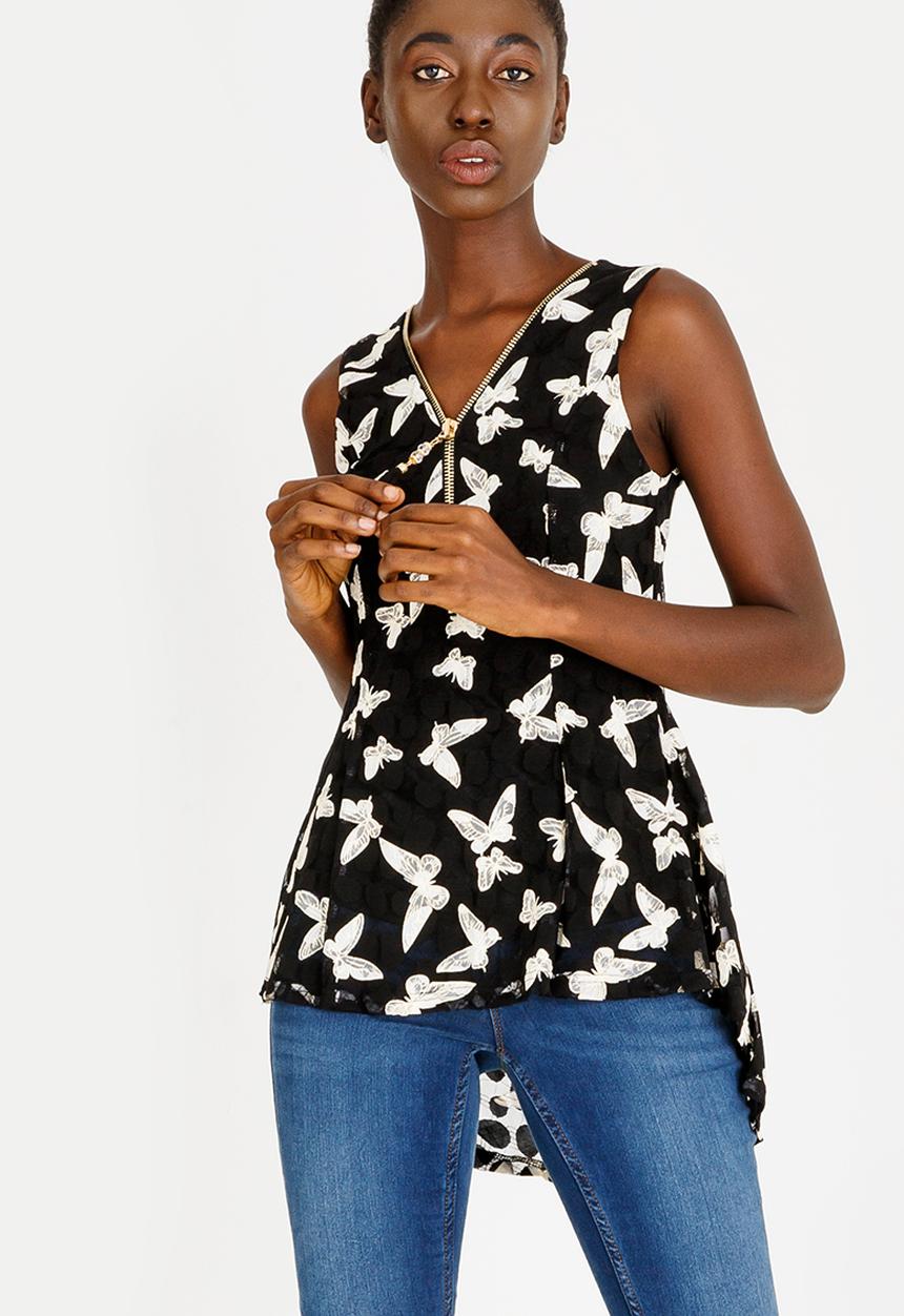 Revenge - Sleeveless Butterfly Zip Detail Top Black