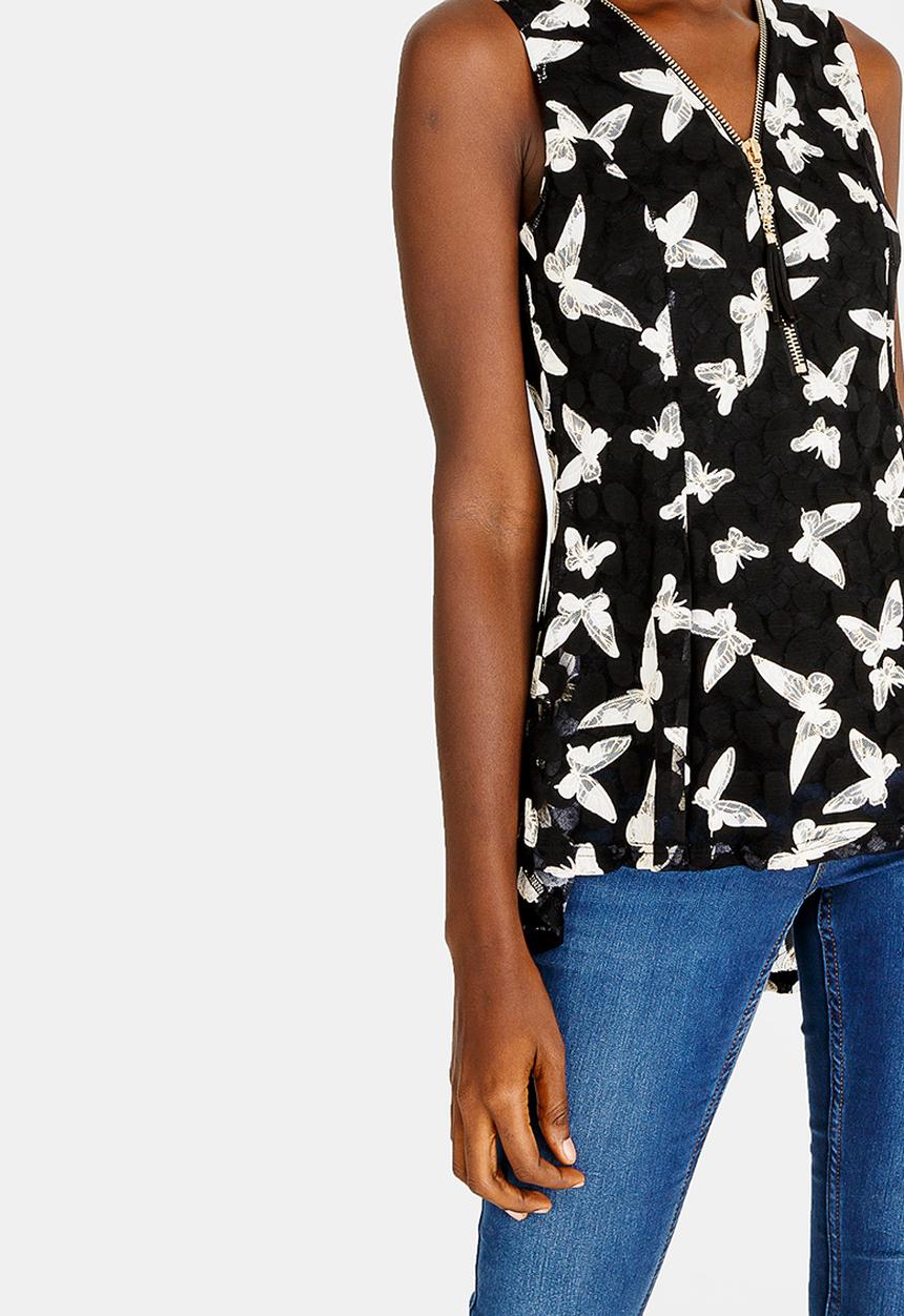 Revenge - Sleeveless Butterfly Zip Detail Top Black
