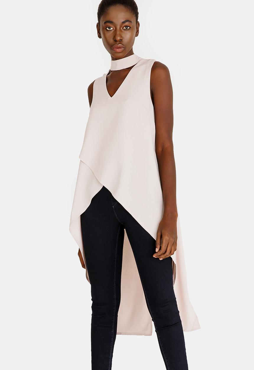 Revenge - Keyhole Wrapover Top with Dip Hem Mid Pink