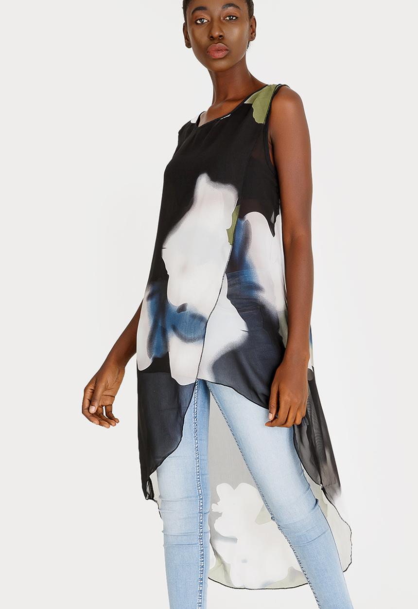 Revenge - Watercolour Long Line Top Black
