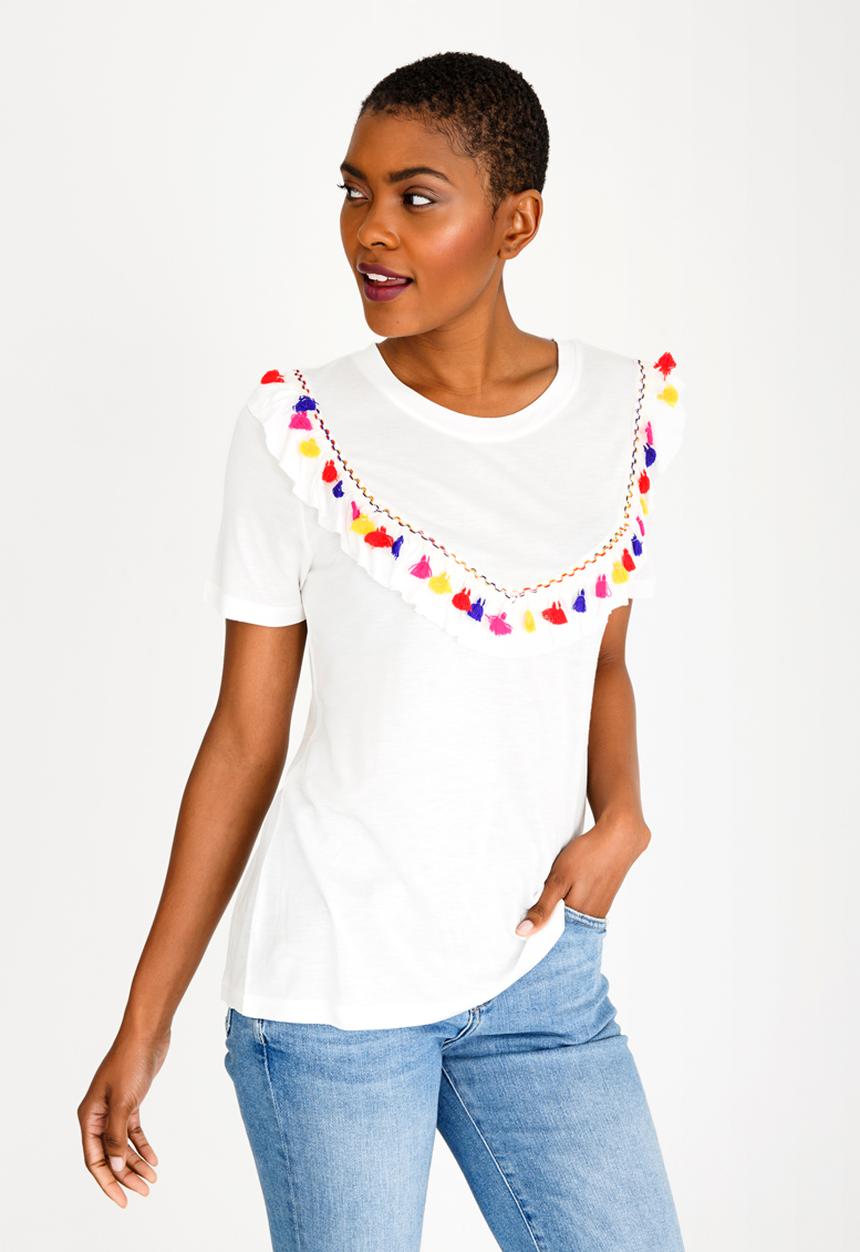 Brave Soul - Tassel Bib T-Shirt Cream