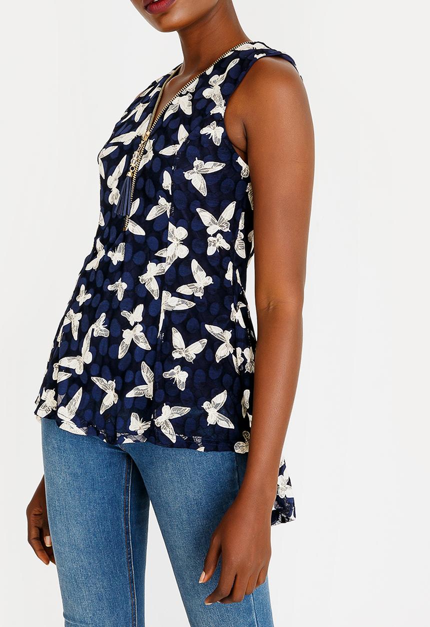 Revenge - Sleeveless Butterfly Zip Detail Top Blue