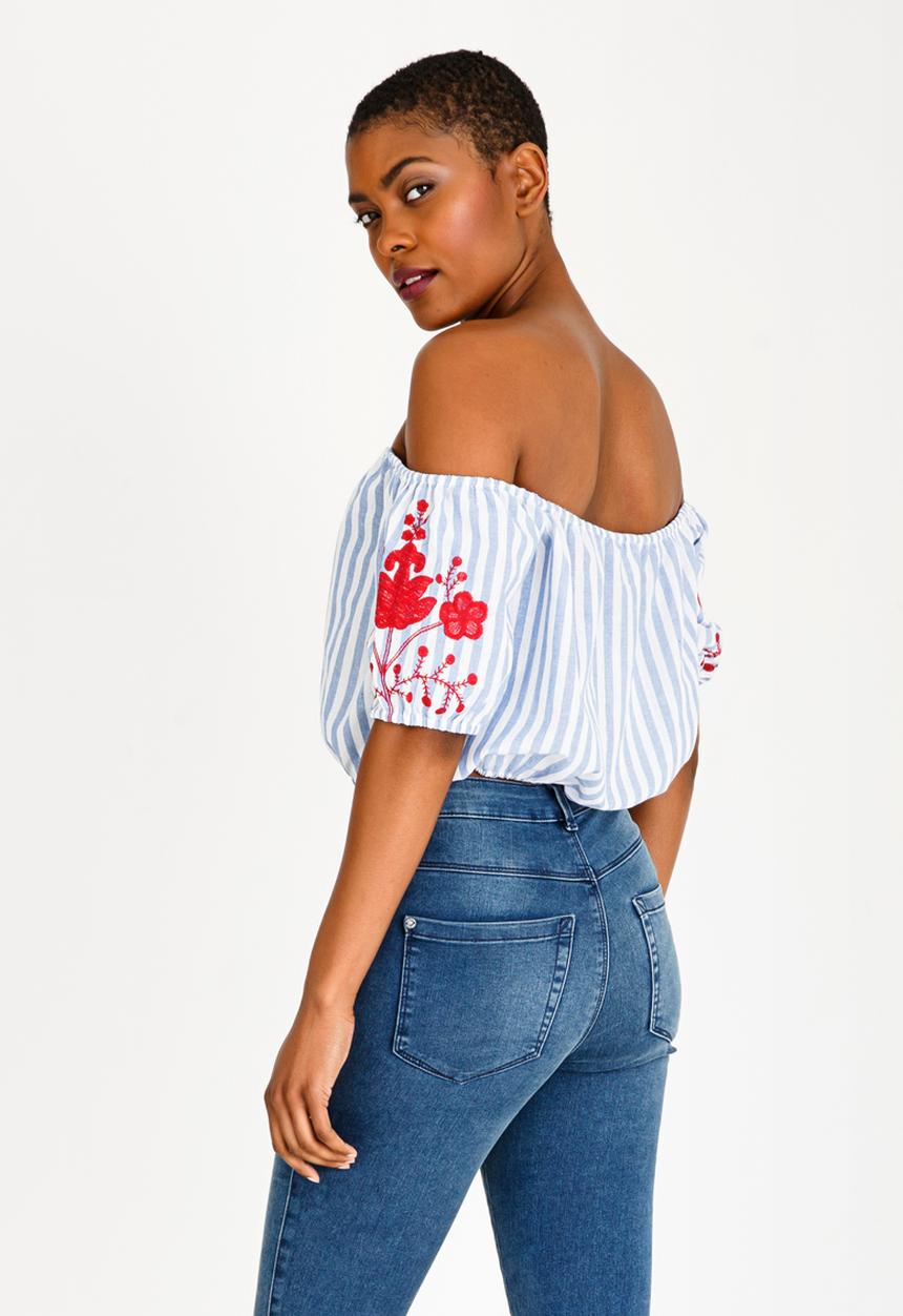 Brave Soul - Cropped Embroidered Top Blue and White