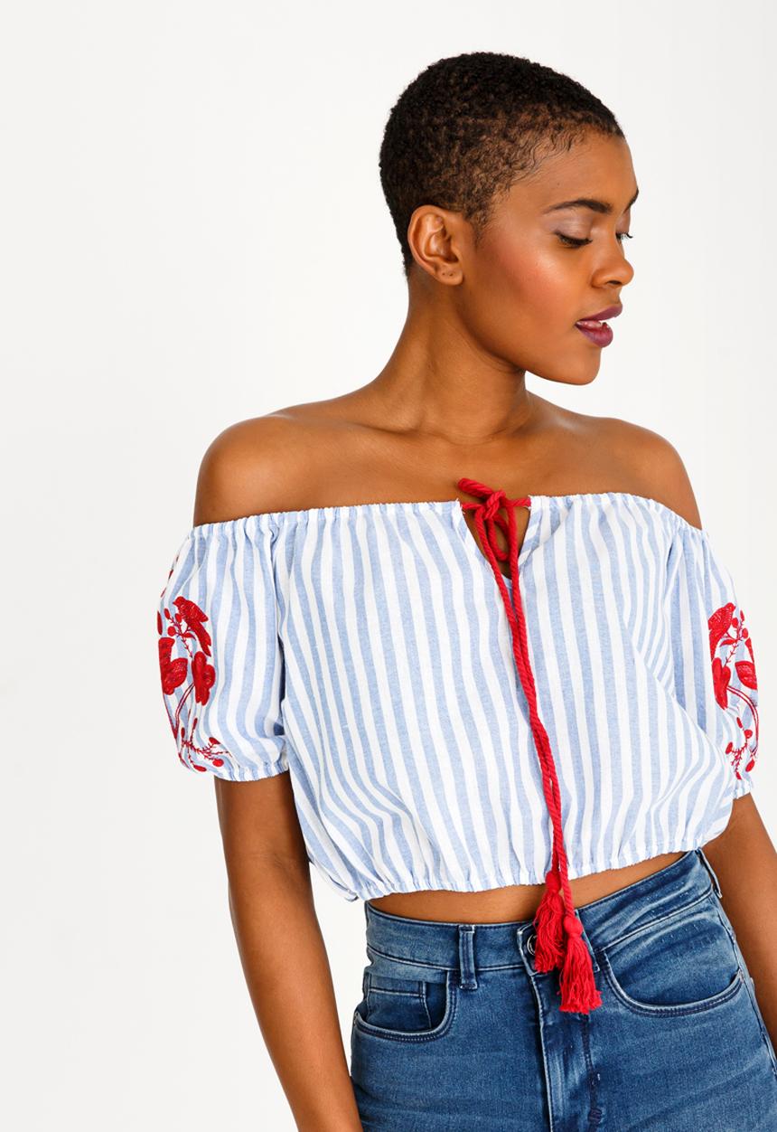 Brave Soul - Cropped Embroidered Top Blue and White