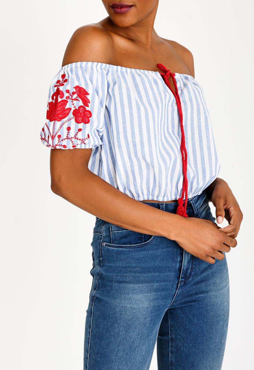 Brave Soul - Cropped Embroidered Top Blue and White